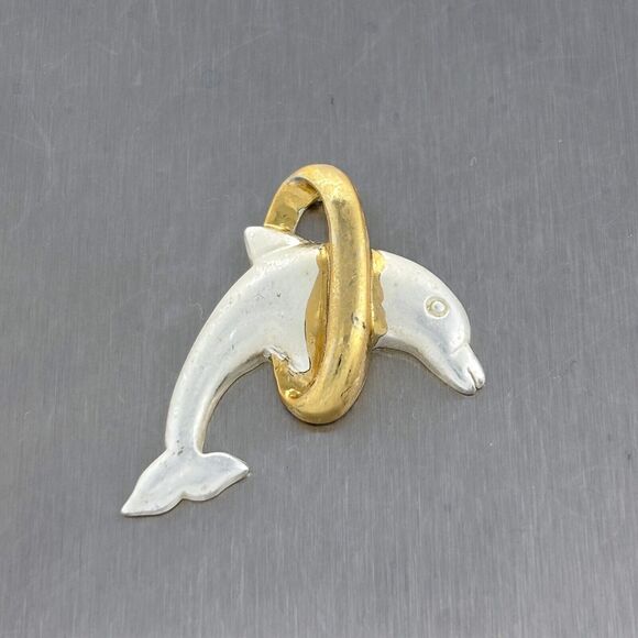 Vintage FAS Sterling Silver 925 Dolphin Jumping Through A Gold Tone Hoop Pendant - Picture 3 of 7